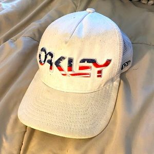 Badass Mens Oakley SnapBack patriot hat. White with red and blue flag logo.